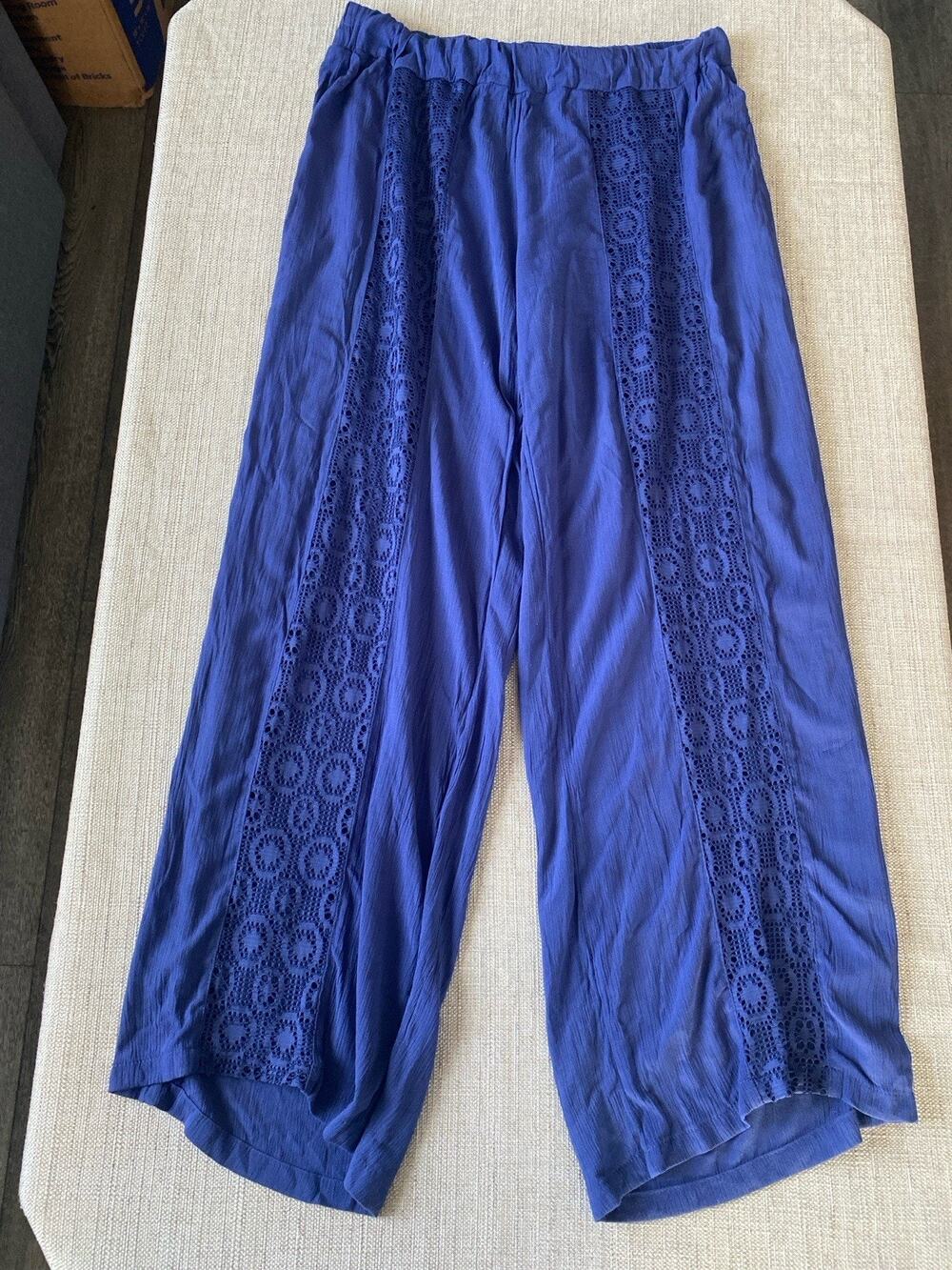 Miken Swim Cover Up Pants Blue Crochet Panel Wide Leg Size XL